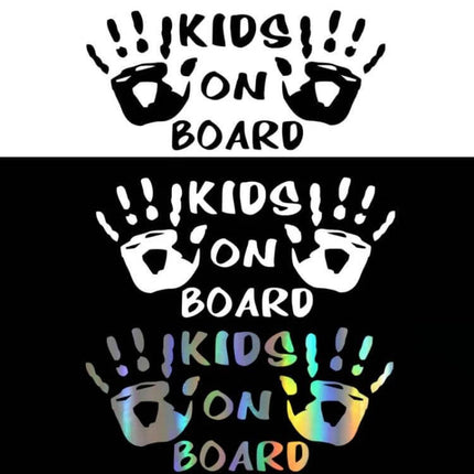 Reflective Kids On Board Car Stickers Set of 10, 9.5x17cm showing black, white, and holographic handprint-style kids on board designs for car visibility