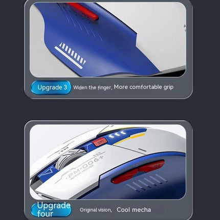 Inphic F9 Mecha Wireless Mouse for Office and Gaming Use shown in blue-white close-up highlighting ergonomic grip, silent click buttons and DPI indicator