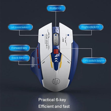 Inphic F9 Mecha Wireless Mouse for Office and Gaming Use - top view highlighting 6-key layout, roller, DPI switch, silent clicks for precise office and gaming control