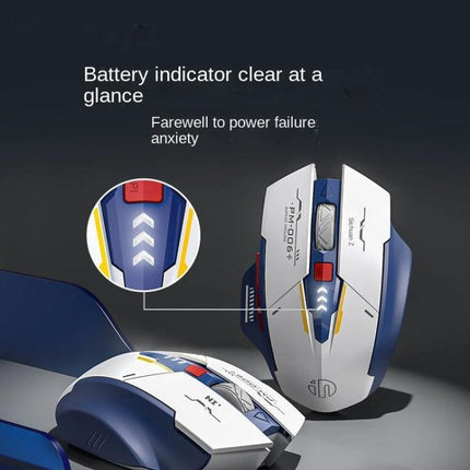 Inphic F9 Mecha Wireless Mouse for Office and Gaming Use showing battery indicator LED, ergonomic white-blue design and silent click buttons