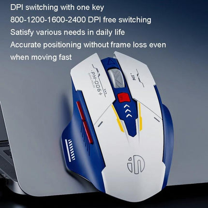 Inphic F9 Mecha Wireless Mouse for Office and Gaming Use - white and blue ergonomic wireless mouse showing DPI switching and silent click features