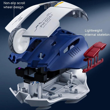 Inphic F9 Mecha Wireless Mouse for Office and Gaming Use exploded view showing non-slip scroll wheel, lightweight internal skeleton and silent click components