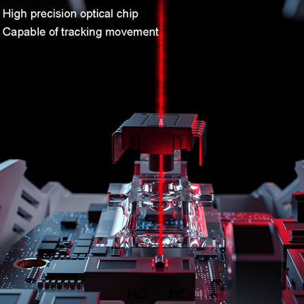 Inphic F9 Mecha Wireless Mouse for Office and Gaming Use showing high-precision optical chip and red tracking beam for accurate, silent control