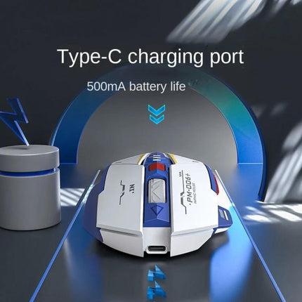 Inphic F9 Mecha Wireless Mouse for Office and Gaming Use showing Type-C charging port and 500mA battery life, white-blue design