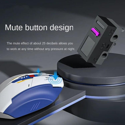 Inphic F9 Mecha Wireless Mouse for Office and Gaming Use showing mute button design and quiet click feature