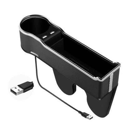 Car Seat Gap Storage Box With USB Charger In Black with dual USB ports, cup holder and large storage pocket for phone cables and accessories