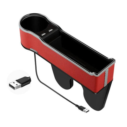 Car Seat Gap Storage Box With USB Charger In Black - red leather-look organizer with cup holder, large compartment and USB QC3.0 charging ports