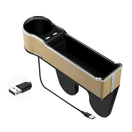 Car Seat Gap Storage Box With USB Charger In Black - black leather seat gap organizer with cup holder, large storage compartment and QC3.0 USB port