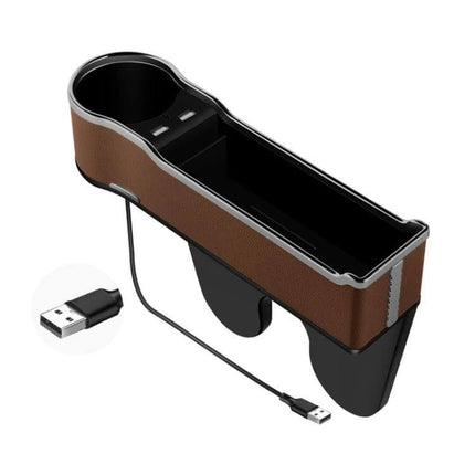 Car Seat Gap Storage Box With USB Charger In Black - brown leather-look organizer with cup holder, USB cable and dual ports, large-capacity seat gap storage