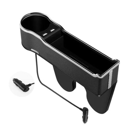 Car Seat Gap Storage Box With USB Charger In Black slim cup holder organizer with QC3.0 USB ports and large-capacity seat gap storage