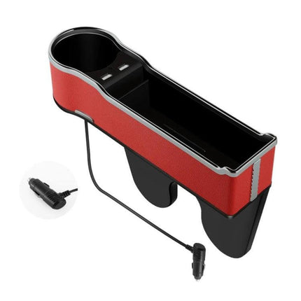 Car Seat Gap Storage Box With USB Charger In Black - red leather-look organizer with cup holder, large compartment and QC3.0 USB ports