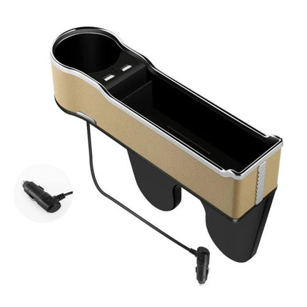 Car Seat Gap Storage Box With USB Charger In Black - tan leather-look organizer with cup holder, large storage pocket and QC3.0 USB ports