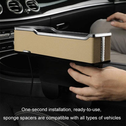Car Seat Gap Storage Box With USB Charger In Black installed between seat and console, beige leather finish, large-capacity organizer and charging port