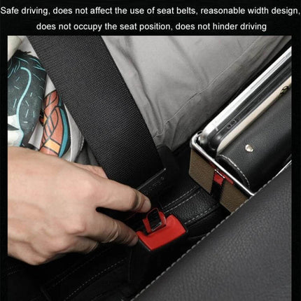 Car Seat Gap Storage Box With USB Charger In Black placed next to seatbelt, showing large-capacity storage holding phone and wallet for organized driving