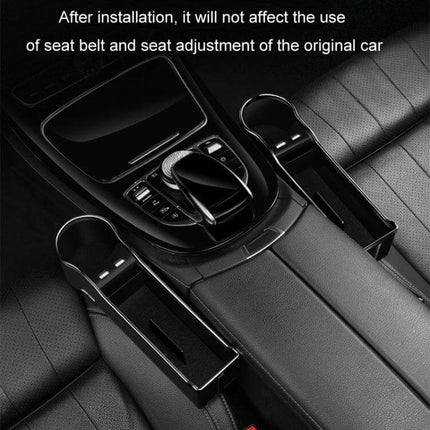 Car Seat Gap Storage Box With USB Charger In Black installed between seats, large-capacity organizer and USB charging for devices