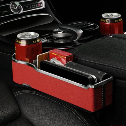 Car Seat Gap Storage Box With USB Charger In Black neatly organizing cans, phone, and small items in the car seat gap while charging devices