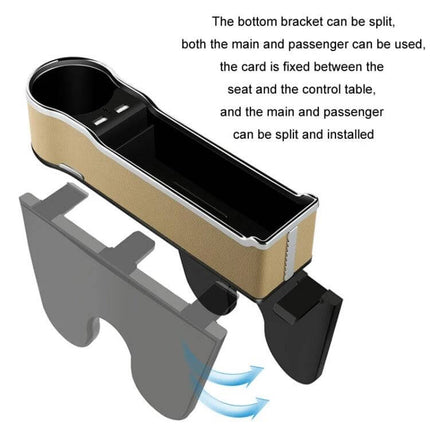 Car Seat Gap Storage Box With USB Charger In Black showing split bottom bracket, cup holder and large storage compartment with USB ports