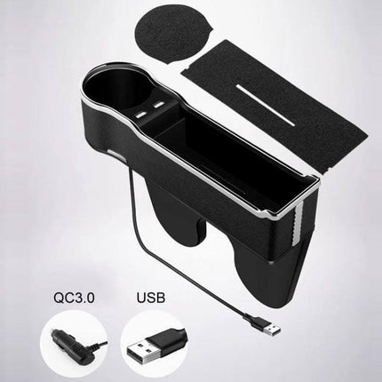 Car Seat Gap Storage Box With USB Charger In Black - large-capacity ABS and microfiber leather organizer with QC3.0 USB charging port