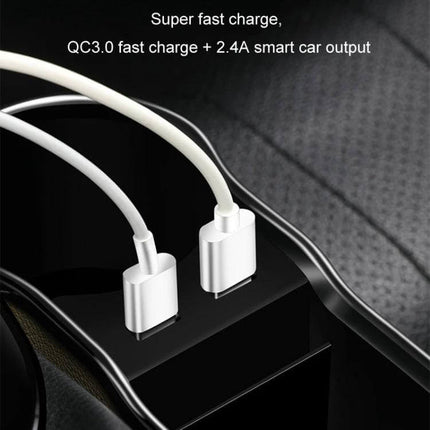 Car Seat Gap Storage Box With USB Charger In Black showing two cables plugged into QC3.0 and 2.4A ports, black microfiber leather finish