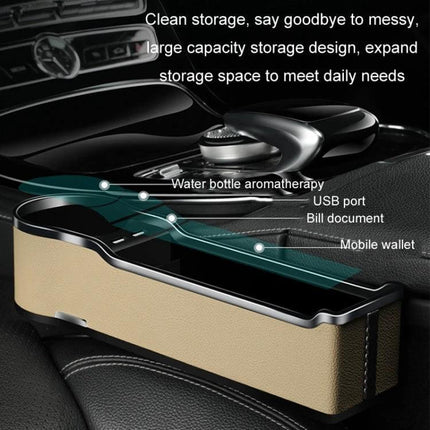 Car Seat Gap Storage Box With USB Charger In Black - large-capacity ABS & microfiber leather organizer with USB QC3.0 port for phones and cables