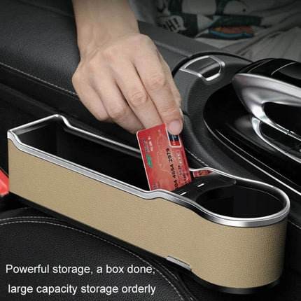 Car Seat Gap Storage Box With USB Charger In Black - black leather-look seat gap organizer with cup holder and card storage, USB charging port, large capacity