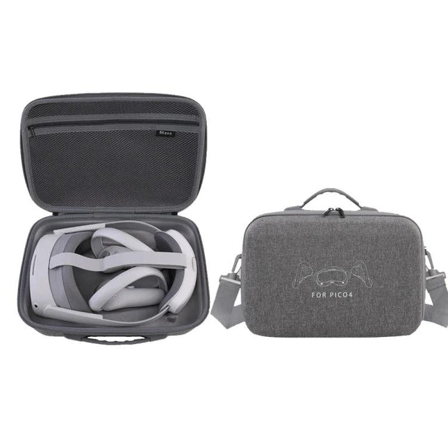 Hard Shell Messenger Bag for PICO 4 VR Storage Protection - Gray hard-shell case with custom mold for PICO 4 headset, shoulder strap and zippered compartments