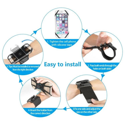 Armband Phone Holder For Sports, Fits 4.5-7 Inch Phones, 3-In-1 Design For Running And Cycling - easy to install instructional diagram showing strap and phone placement