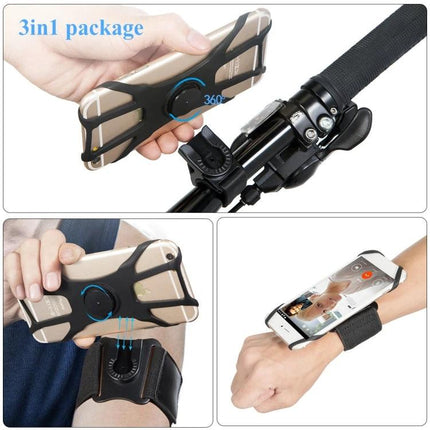 Armband Phone Holder For Sports, Fits 4.5-7 Inch Phones, 3-In-1 Design For Running And Cycling - black 3-in-1 armband and bike mount showing phone on wrist and handlebar