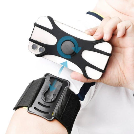 Sports Arm Bag For 4.5-7 Inch Phones showing detachable silicone phone holder snapped onto adjustable armband for runners