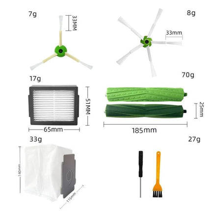 iRobot 22-Piece Robot Vacuum Replacement Accessory Set showing side brushes, filter, rollers, dust bags, and cleaning tools