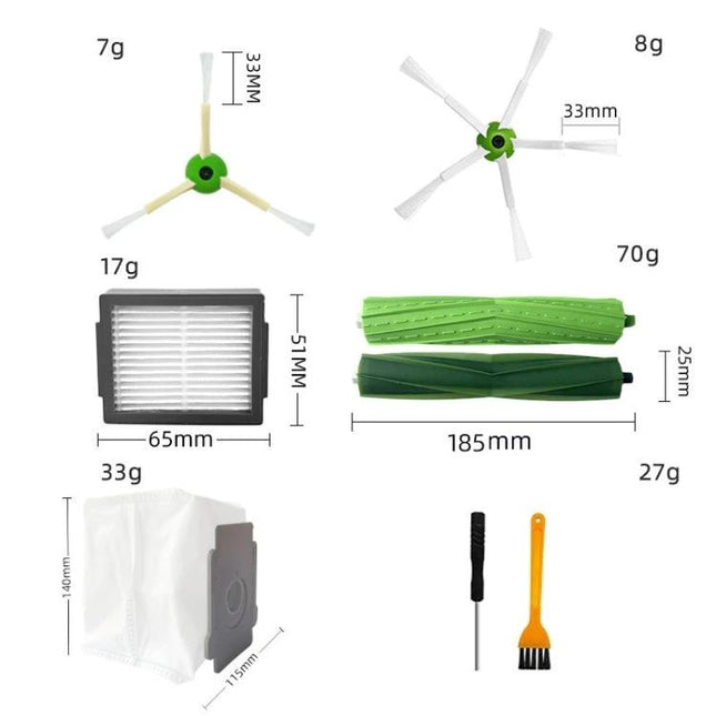 iRobot 22-Piece Robot Vacuum Replacement Accessory Set showing side brushes, filter, rollers, dust bags, and cleaning tools