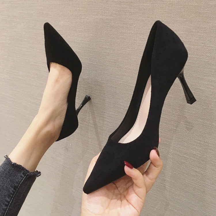 Women Suede High Heels Shallow Mouth Pointed Toe Square Buckle Thin Heel Pumps, 39, 40