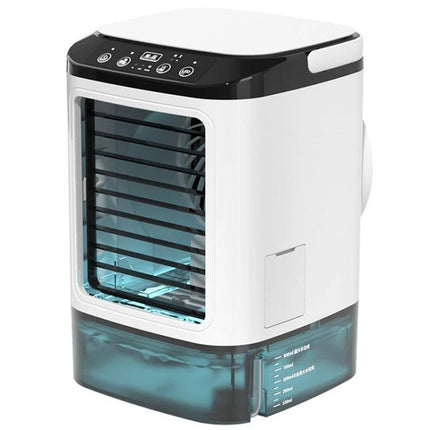 Desktop Mini Cold Air Fan with Humidifier for Home Comfort on desk, compact white unit with water tank and louvers for personal cooling