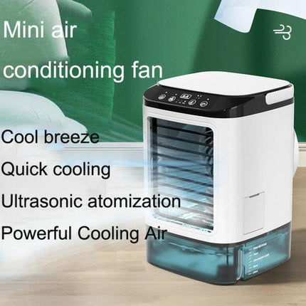Desktop Mini Cold Air Fan with Humidifier for Home Comfort on desk showing compact white cooler with water tank and control panel