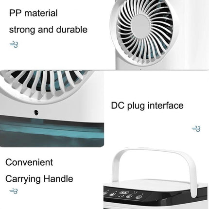 Desktop Mini Cold Air Fan with Humidifier for Home Comfort compact white desk unit showing fan grille, water tank, DC plug interface and carrying handle