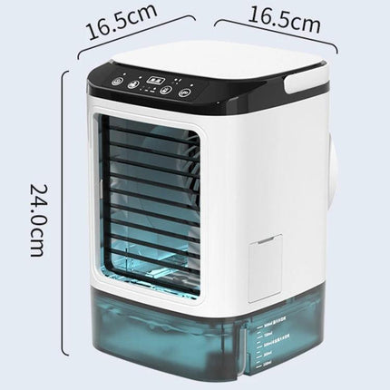 Desktop Mini Cold Air Fan with Humidifier for Home Comfort shown on a desk, compact white unit with water tank and front louvers (24cm x 16.5cm)