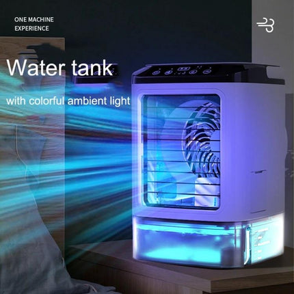 Desktop Mini Cold Air Fan with Humidifier for Home Comfort on bedside table showing water tank and blue ambient light