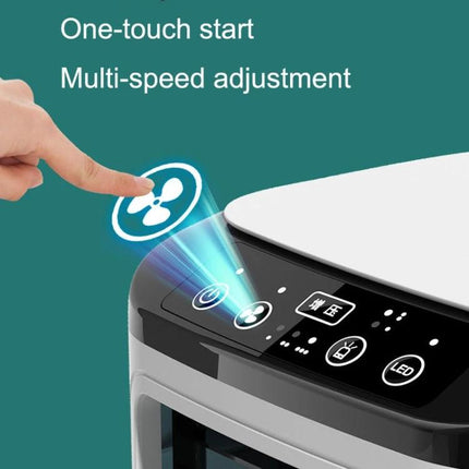 Desktop Mini Cold Air Fan with Humidifier for Home Comfort showing one-touch start and multi-speed control on touch panel