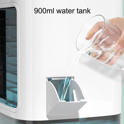 Desktop Mini Cold Air Fan with Humidifier for Home Comfort showing a hand pouring water into the 900ml tank