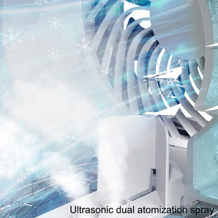 Desktop Mini Cold Air Fan with Humidifier for Home Comfort on desk releasing cool mist and airflow for small room use