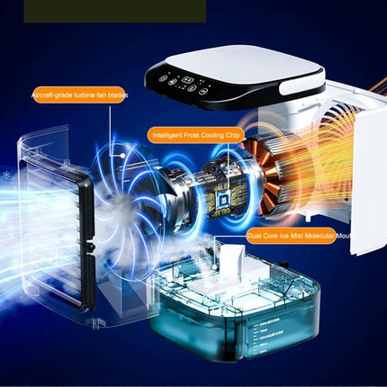 Desktop Mini Cold Air Fan with Humidifier for Home Comfort showing exploded view of cooling fan, humidifier tank, and airflow components