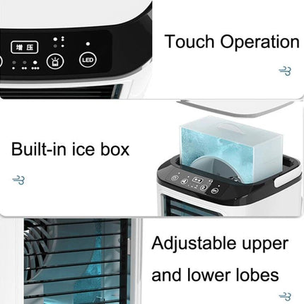 Desktop Mini Cold Air Fan with Humidifier for Home Comfort showing touch controls, built-in ice box, and adjustable vents