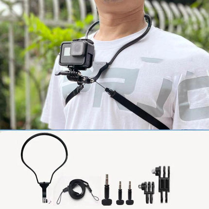 TUYU Neck Strap for Hands-Free Video Recording During Activities shown worn with action camera on chest for hiking and jogging