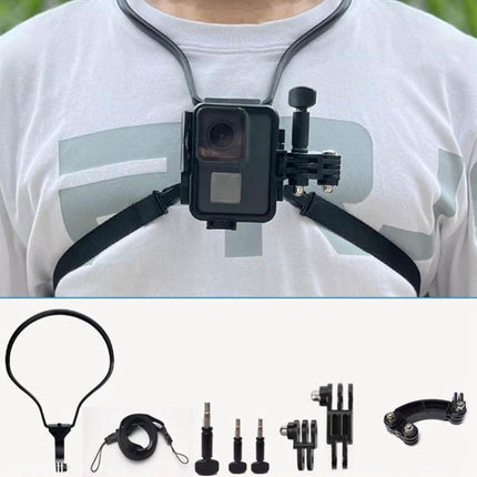 TUYU Neck Strap for Hands-Free Video Recording During Activities - chest mount showing camera and accessories for hiking, jogging, dog walking