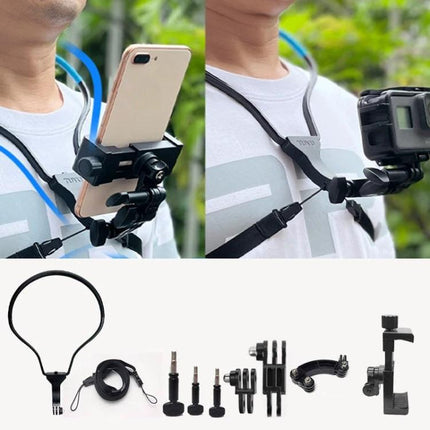 TUYU Neck Strap for Hands-Free Video Recording During Activities worn on user holding phone and action camera with included mounts