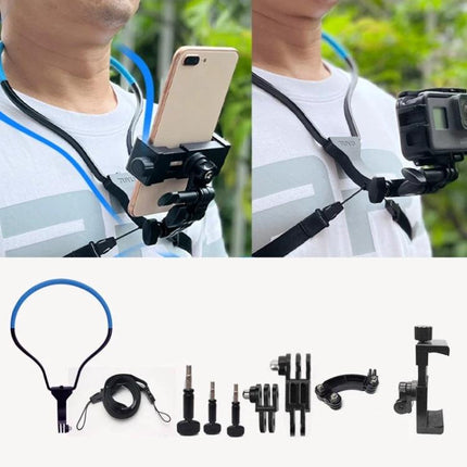 TUYU Neck Strap for Hands-Free Video Recording During Activities showing phone and action camera mounts on a wearer