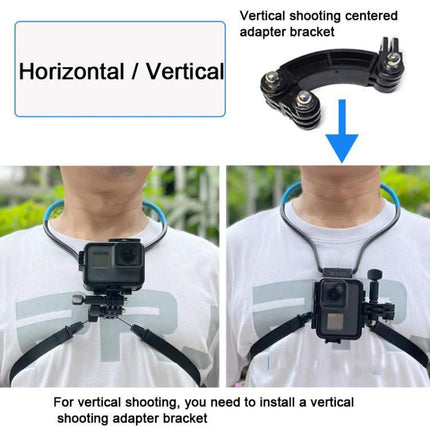 TUYU Neck Strap for Hands-Free Video Recording During Activities showing horizontal and vertical shooting with adapter bracket