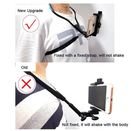 TUYU Neck Strap for Hands-Free Video Recording During Activities shown worn around neck and chest with phone mount for stable recording