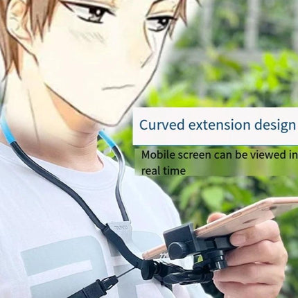 TUYU Neck Strap for Hands-Free Video Recording During Activities - person wearing curved neck strap holding phone hands-free for recording