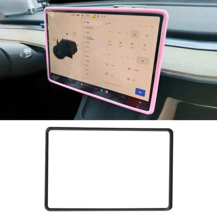 Tesla Model Three And Y Screen Bumper Protective Cover Black installed on dashboard screen, silicone edge guard fits Model 3 and Model Y